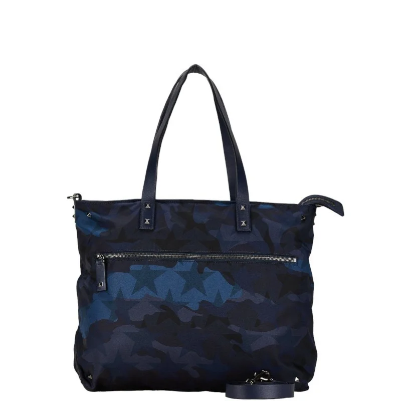 Red nylon tote bag for gym-Valentino blue Camouflage Navy Nylon Leather Shoulder Bag Tote Bag (Pre-Owned)