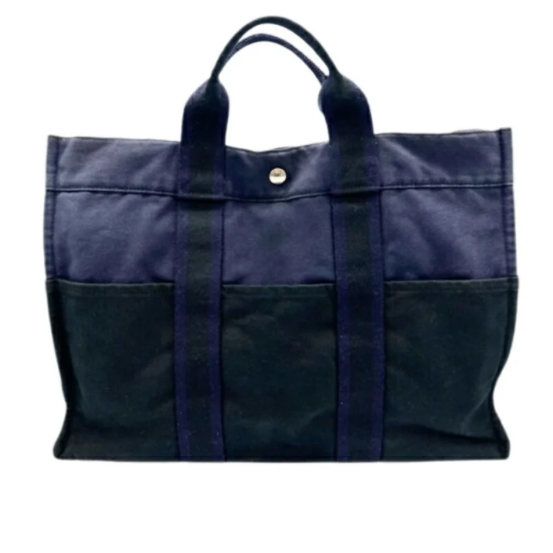 Black denim tote bag for gym-Hermes  Navy Canvas Tote Bag (Pre-Owned)